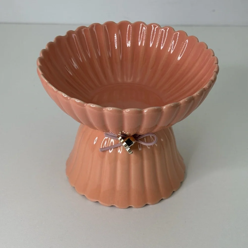 Dexypaws: Elevated Ceramic Bowl For Cats - Peach Tone Flower 8.45oz Capacity